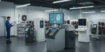 Modern retail store interior with data analytics overlays on equipment for predictive maintenance