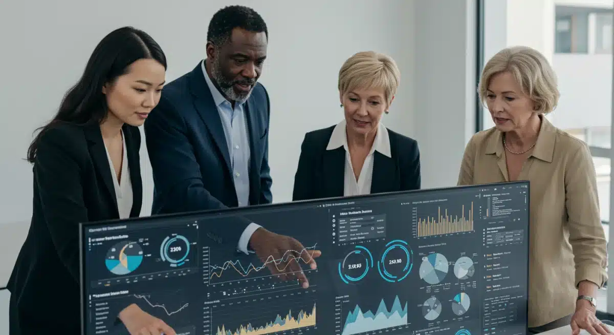Retail team analyzing inventory data on a large screen