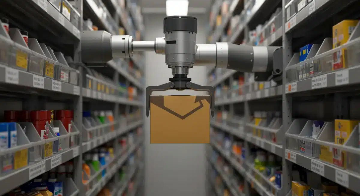 Robotic arm picking an item in a micro-fulfillment center, showcasing automation.