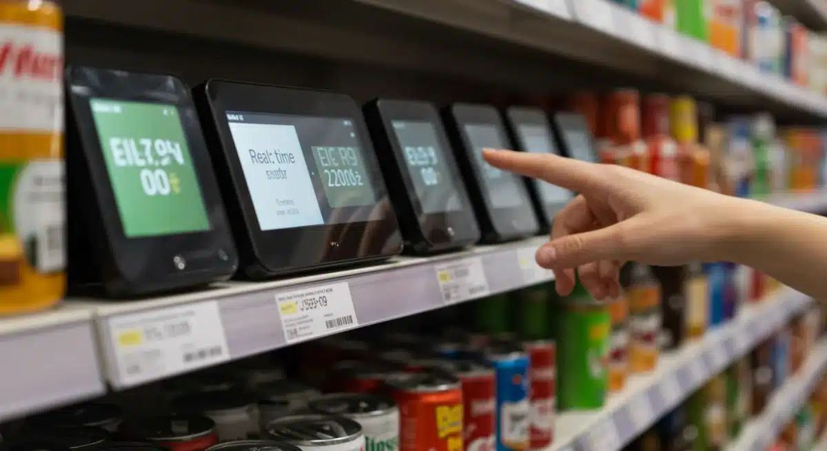 Smart shelf technology displaying real-time inventory data in a retail setting.