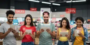 People engaging with social commerce platforms on mobile devices in a modern retail setting