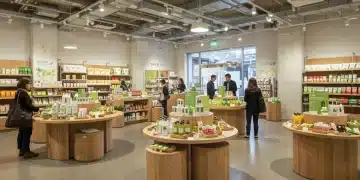 Modern sustainable retail store interior with eco-friendly products and natural light