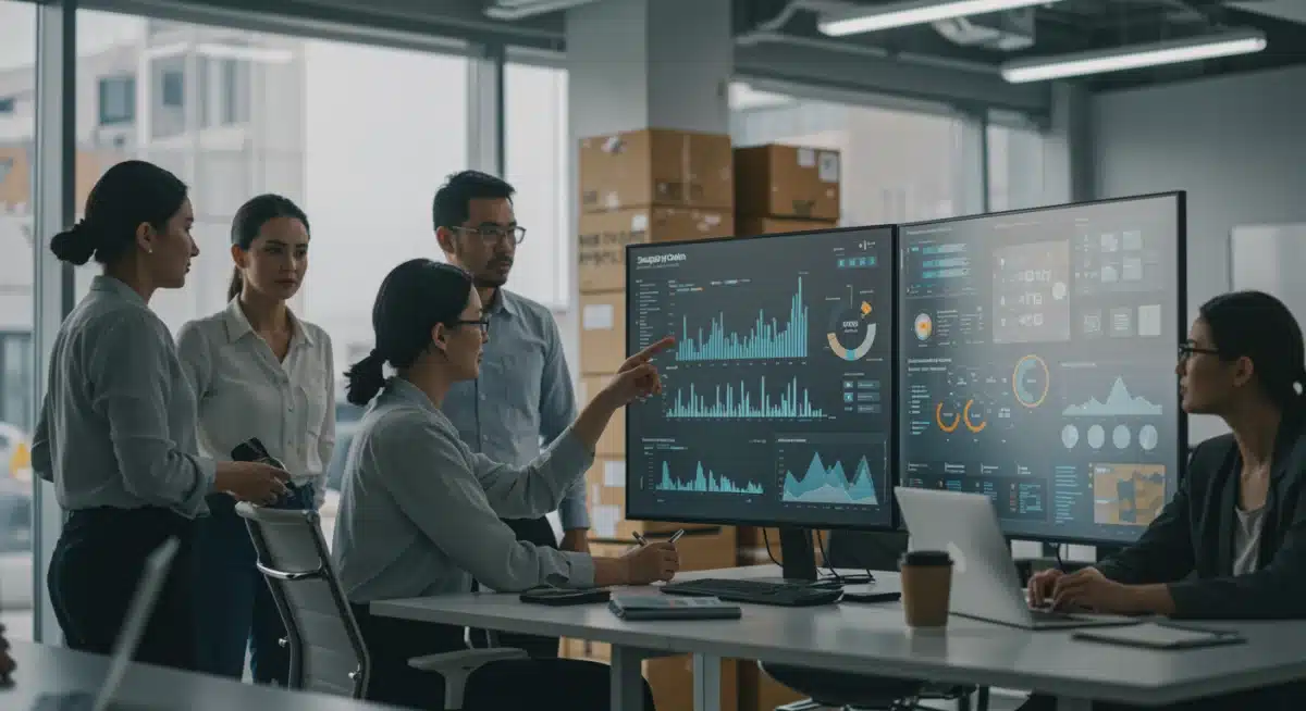 Team reviewing sustainable supply chain performance metrics and waste reduction data