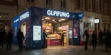 Vibrant modern pop-up store with bold branding attracting shoppers