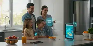 Family using smart speaker for voice commerce in a modern kitchen