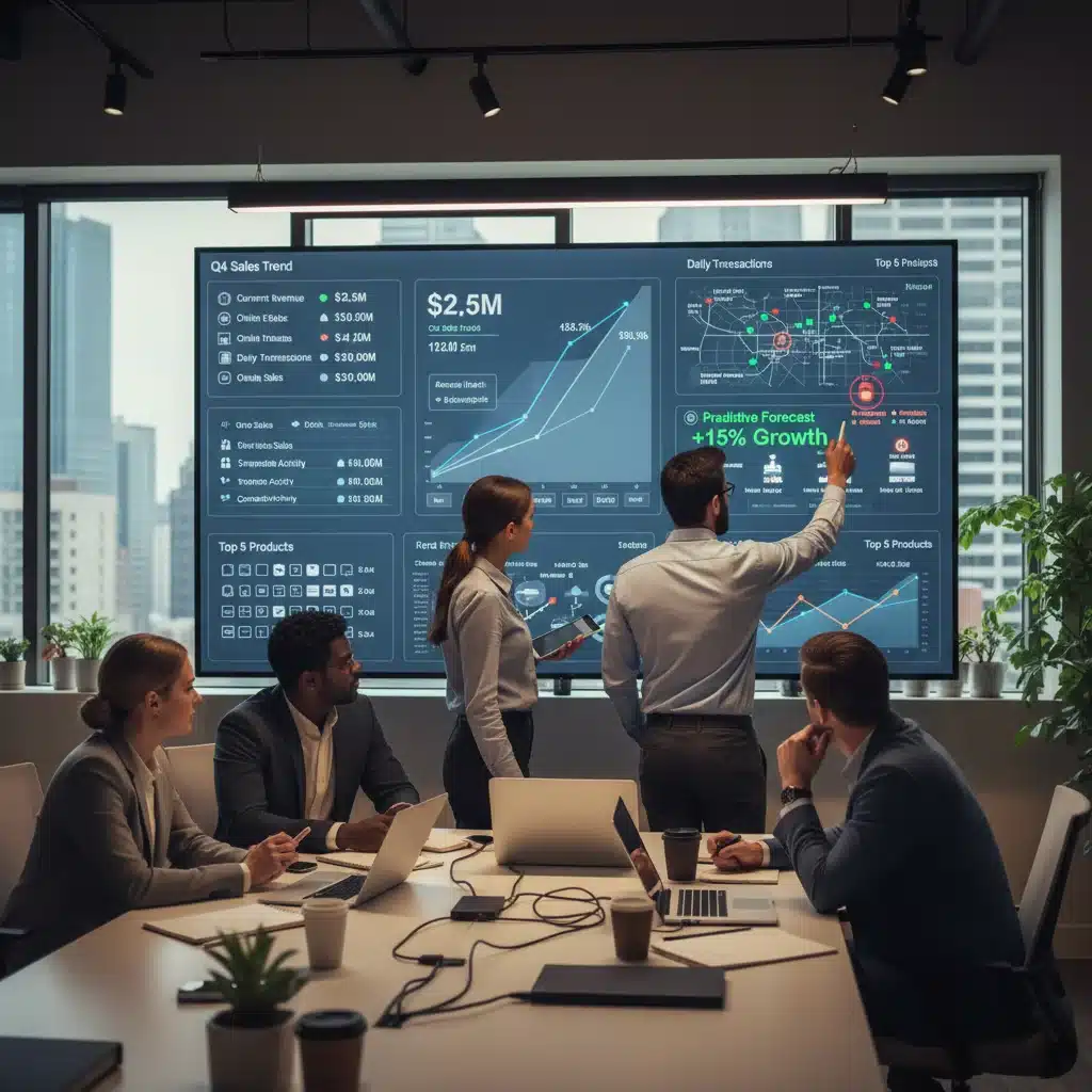 Data scientists and retail strategists analyzing sales forecast dashboard