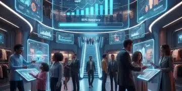 Futuristic retail store with holographic sales forecast displays
