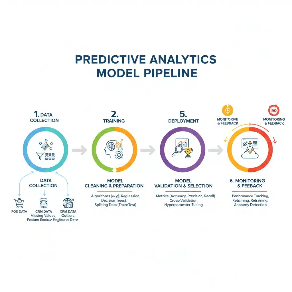 Infographic showing predictive analytics model pipeline stages