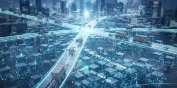 Global supply chain network with blockchain blocks, symbolizing transparency and security.
