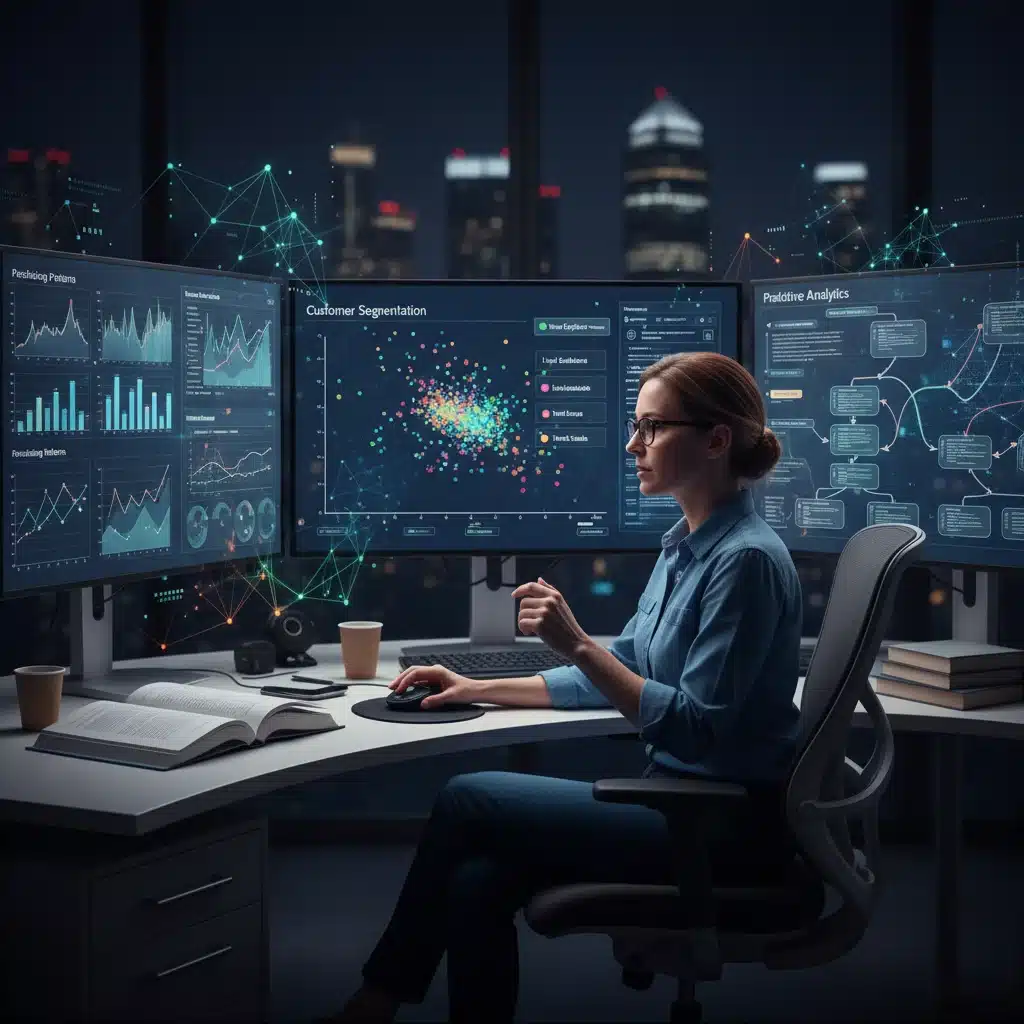 Data scientist analyzing customer data for AI personalization strategies in retail.