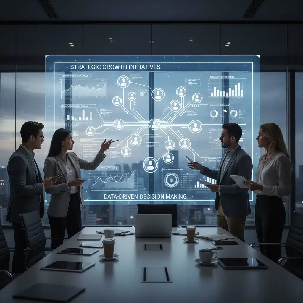 E-commerce leaders analyzing personalized customer journey maps with predictive analytics