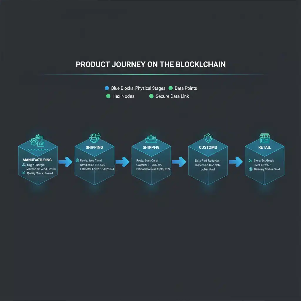 Infographic showing product journey through blockchain-enabled supply chain stages.