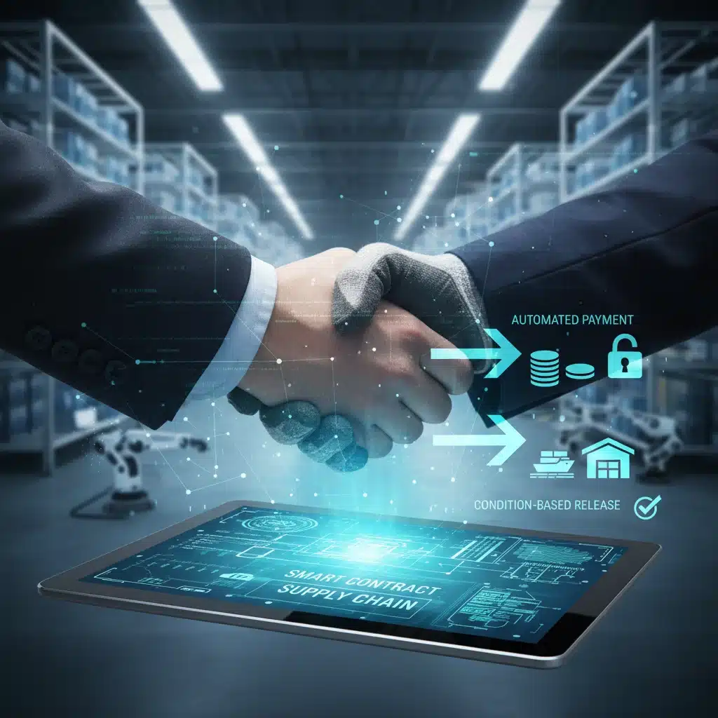 Smart contracts automating supply chain processes, showing trust and efficiency.