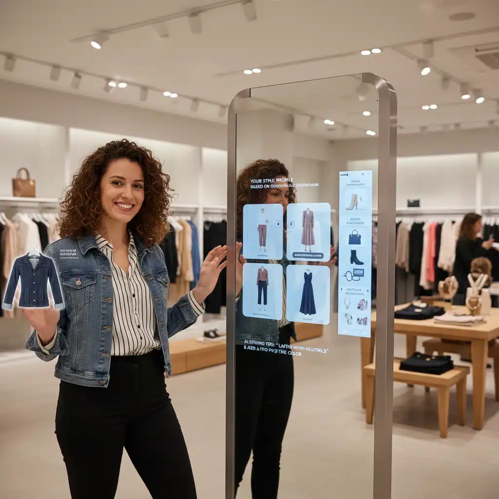Customer using smart mirror for personalized clothing recommendations in a retail store.