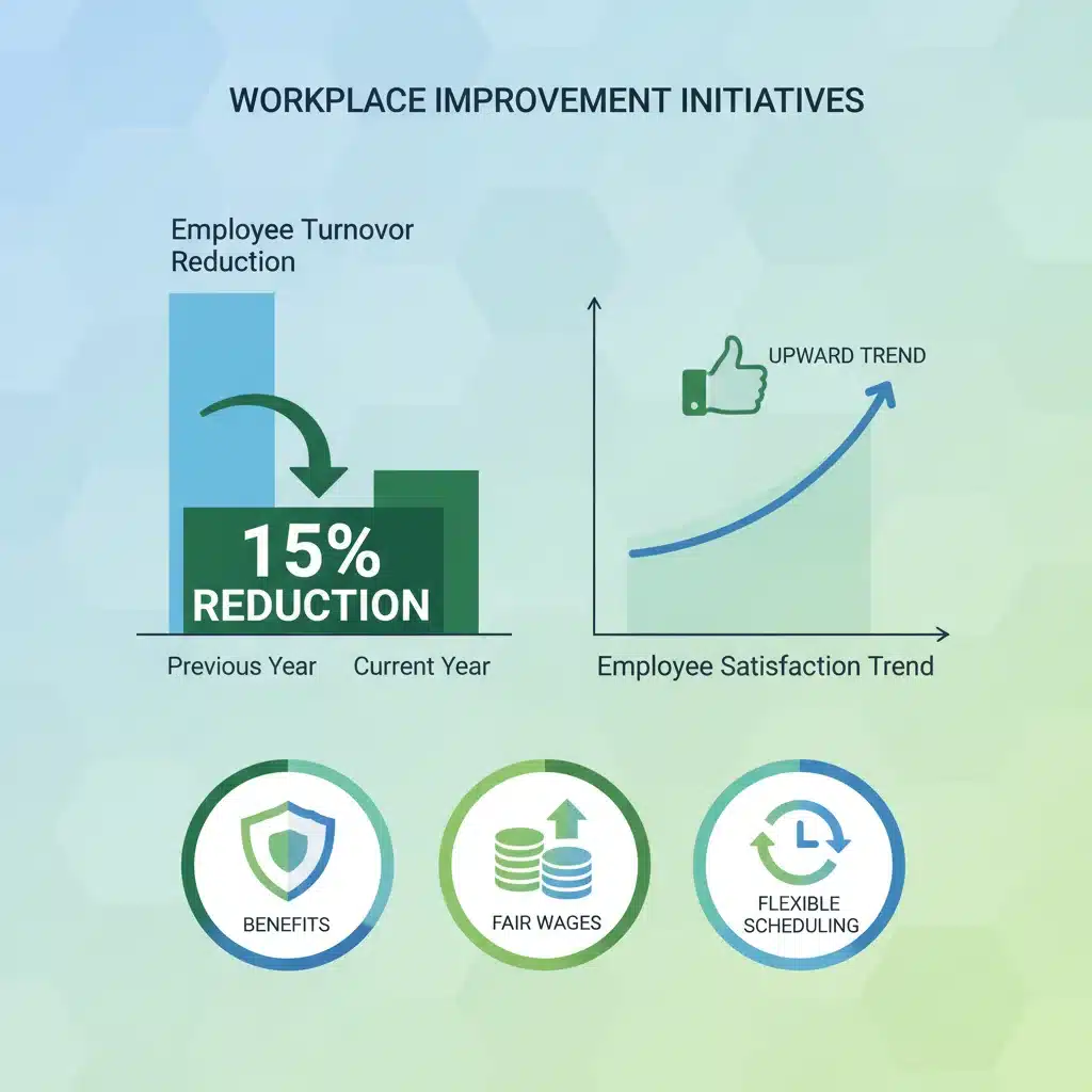 Chart showing 15% turnover reduction and increased employee satisfaction